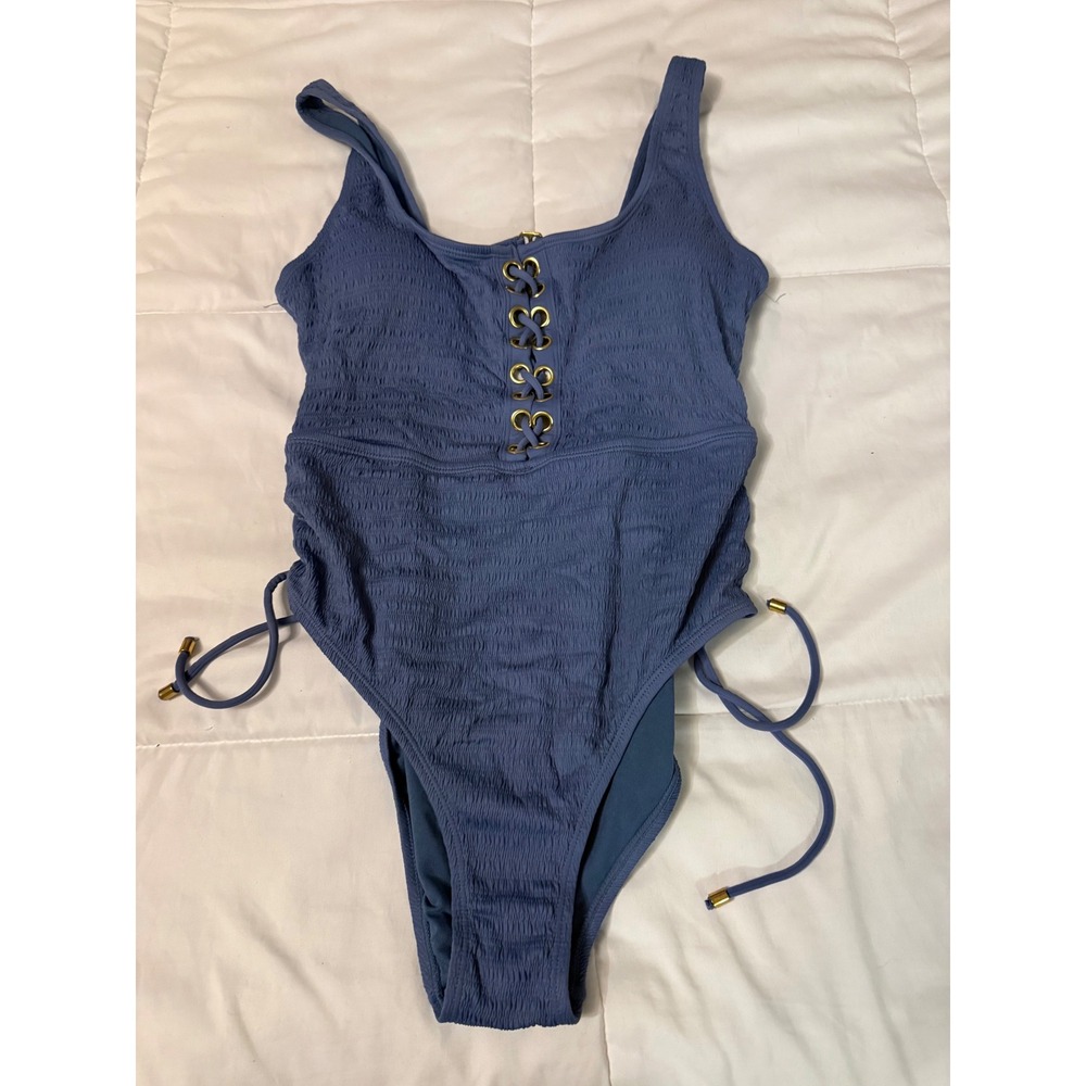 Time and Tru Blue Smocked Lace Up One Piece Swimsuit Gold Grommet Large 12-14